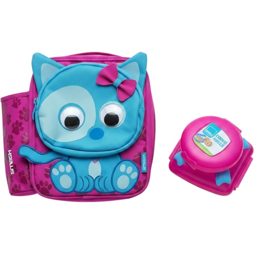 Smash Blue IQ Insulated Lunch Bag Pink Blue Cat Googly Eyes with Snack Container